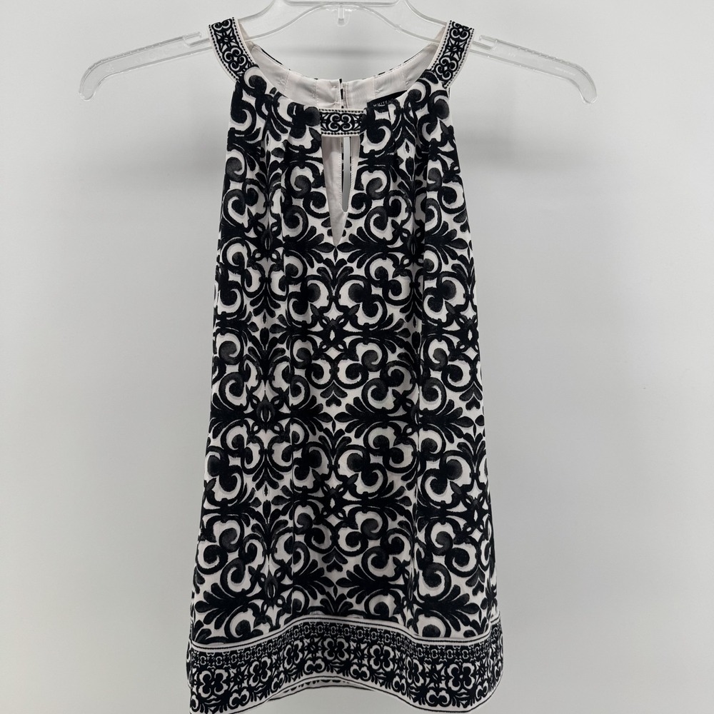 White House Black Market Halter Top Women XS Black White Damask Embroidered